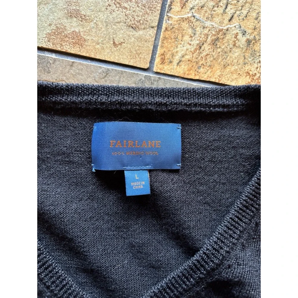 Fairlane Merino Wool Sweater Mens L V Neck Pullover Black Lightweight Preppy G13